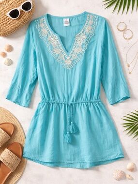 Boho Beach Tunic Cover Up Embroidered Tassel Waist Turquoise Cotton Lands’ End M